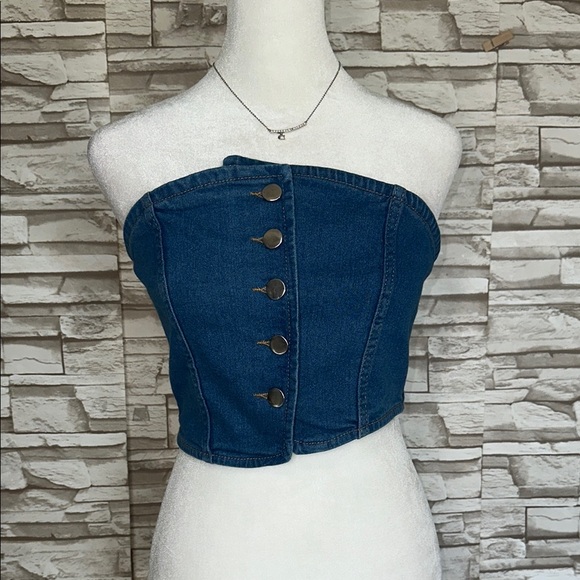 LA ARMARIO Small Denim Smocked Bustier Top - Picture 1 of 11